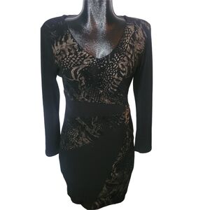 Vintage 90's Goa Black And Gold Animal Pattern V-Neck Midi Sheath Dress 8